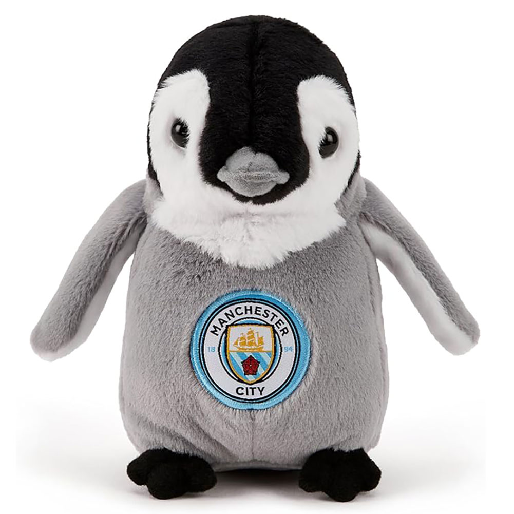 Manchester City FC freestanding plush penguin with a woven City crest on the front