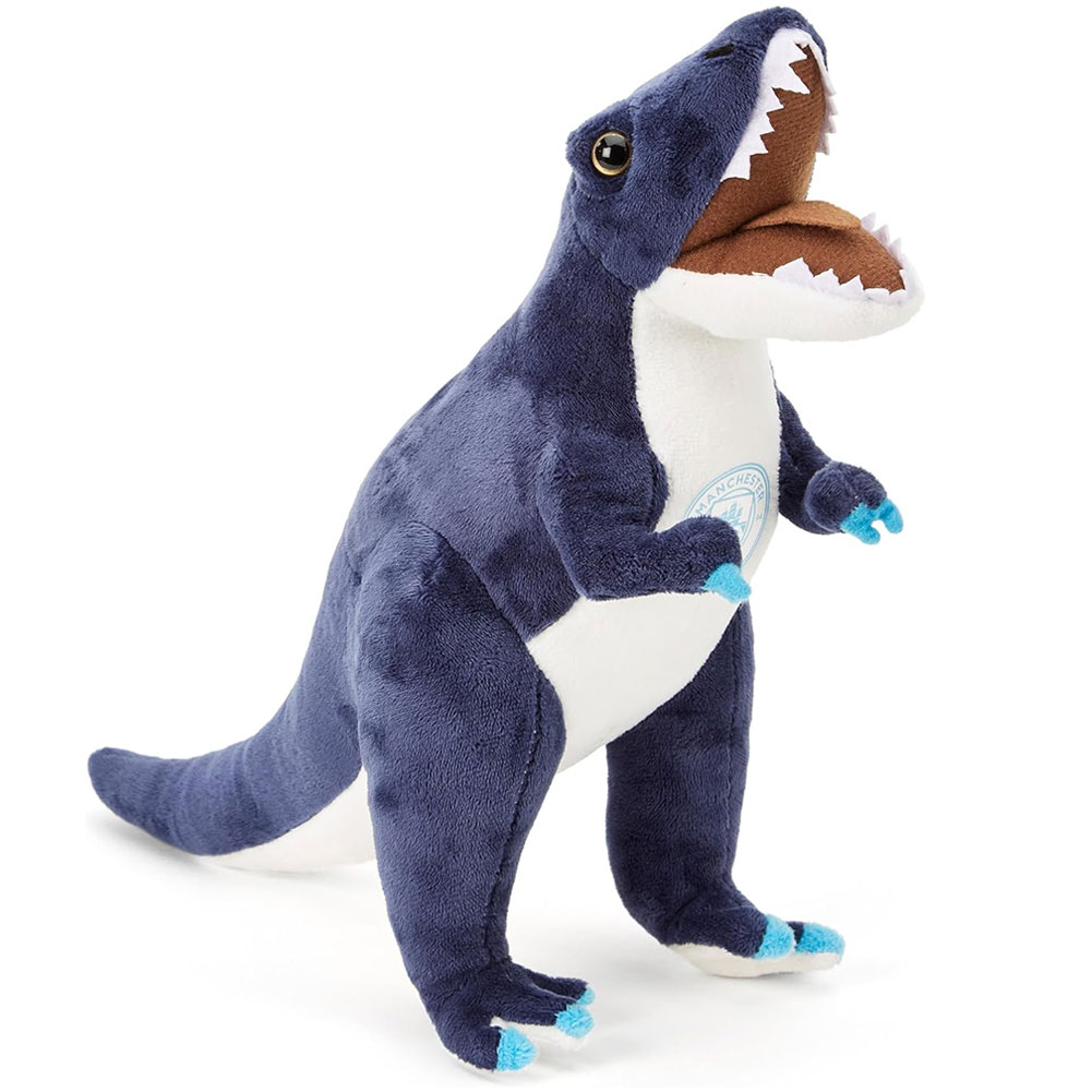 Navy and white Manchester City FC plush T-Rex standing with the City crest on its chest