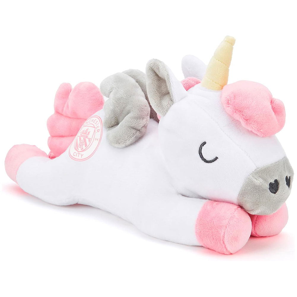 Pink and white Manchester City FC plush unicorn with the City crest on its side in pink