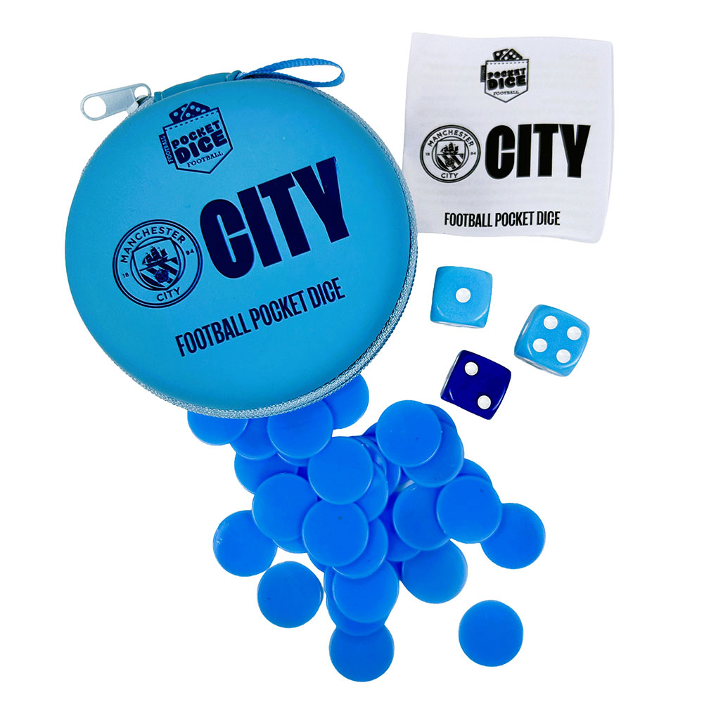Manchester City FC pocket dice game in a small travel case with a City crest