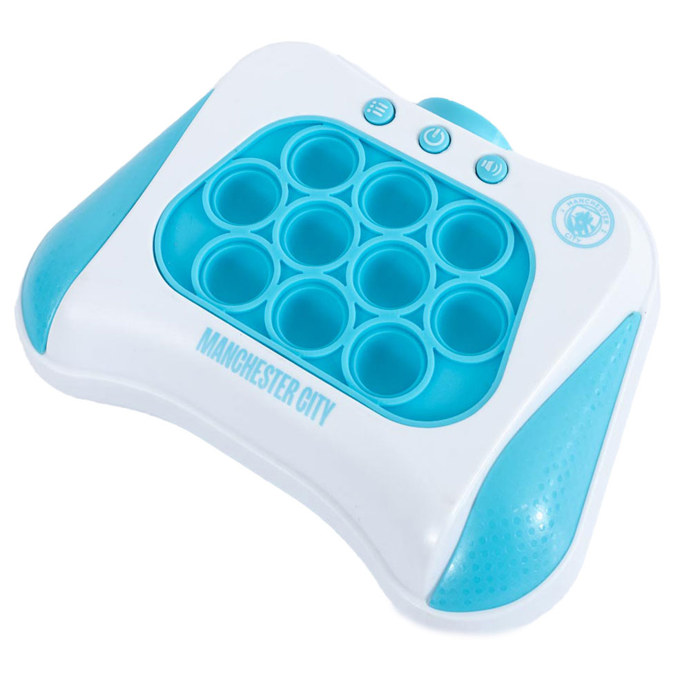 Manchester City FC hand held pop puzzle game with a white game pad, City blue detail and text