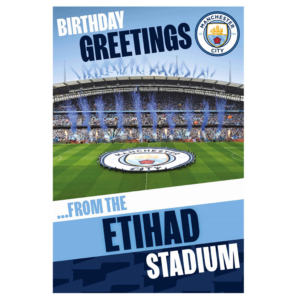 Manchester City FC club colours birthday card with stadium graphic and a 3D pop-up stadium inside