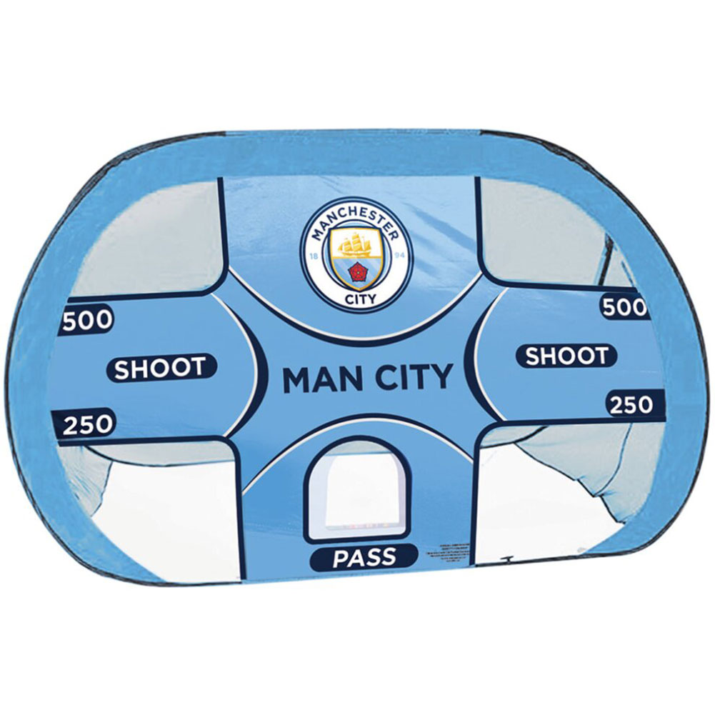 Manchester City FC pop up football target goal in a display sleeve with a carry bag and ground pegs