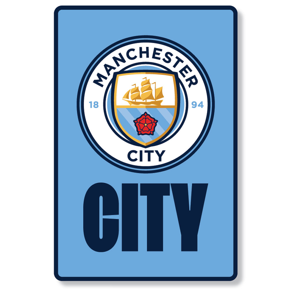 Manchester City FC portrait LED sign with a large club crest and CITY text in a brushed aluminium frame