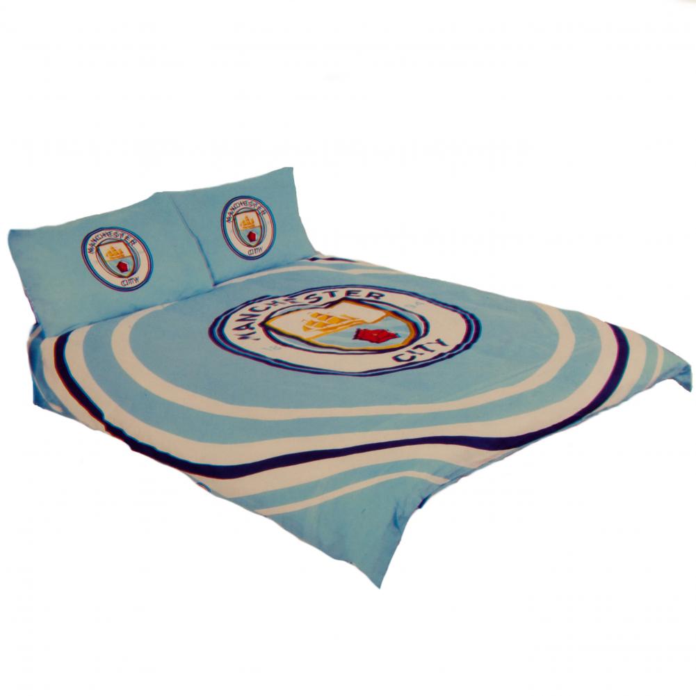 Manchester City FC pulse design double duvet cover with a large club crest in the centre and crest pillowcases