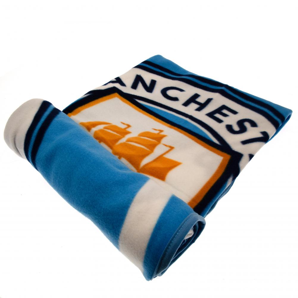 Manchester City FC sky blue pulse design fleece blanket with a large full colour Man City crest