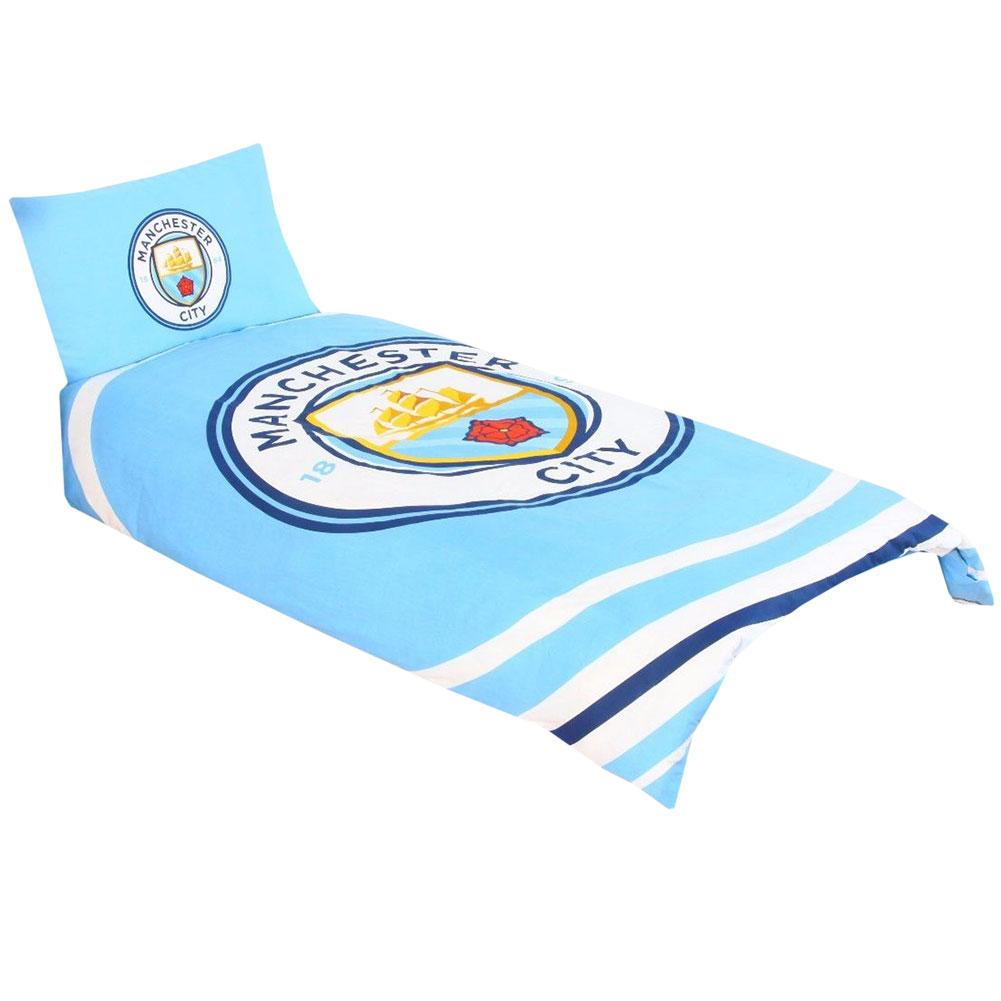 Manchester City FC pulse design single duvet cover with a large club crest in the centre and a crest pillowcase