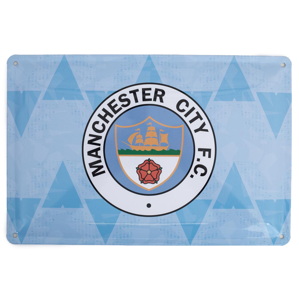 Sky blue Manchester City FC metal sign with a retro full colour Man City crest in the centre