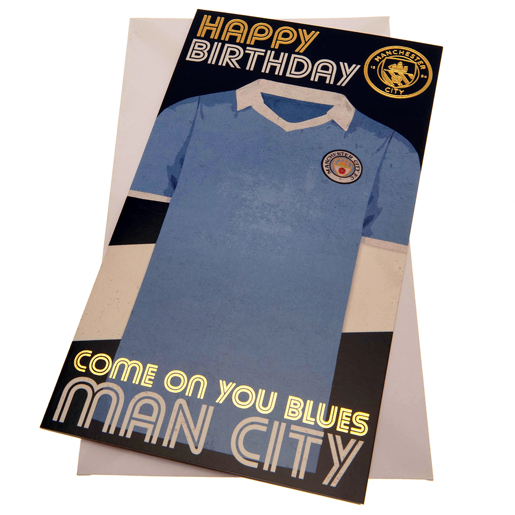 Manchester City FC vibrant blue gloss birthday card with a large retro style Man City shirt