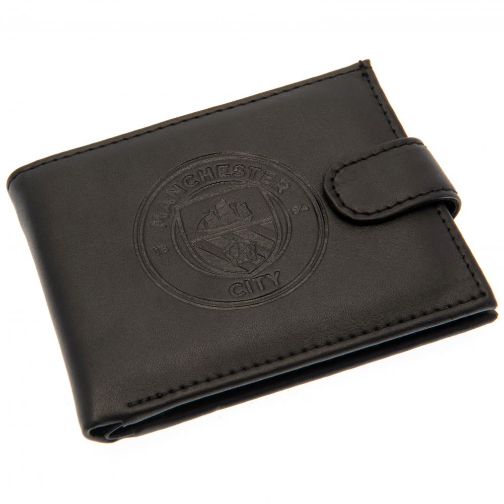 Black Manchester City FC leather wallet with a large debossed club crest and stud fastener