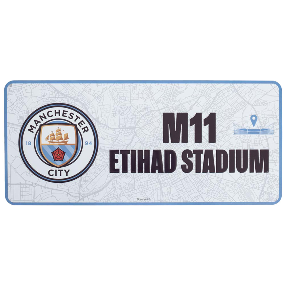 Manchester City FC gloss metal sign with a street map view on the route to Etihad Stadium