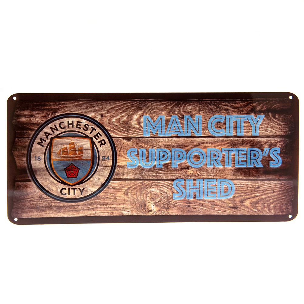 Manchester City FC metal shed sign with a large club crest and supporter's shed text on a wood panel effect