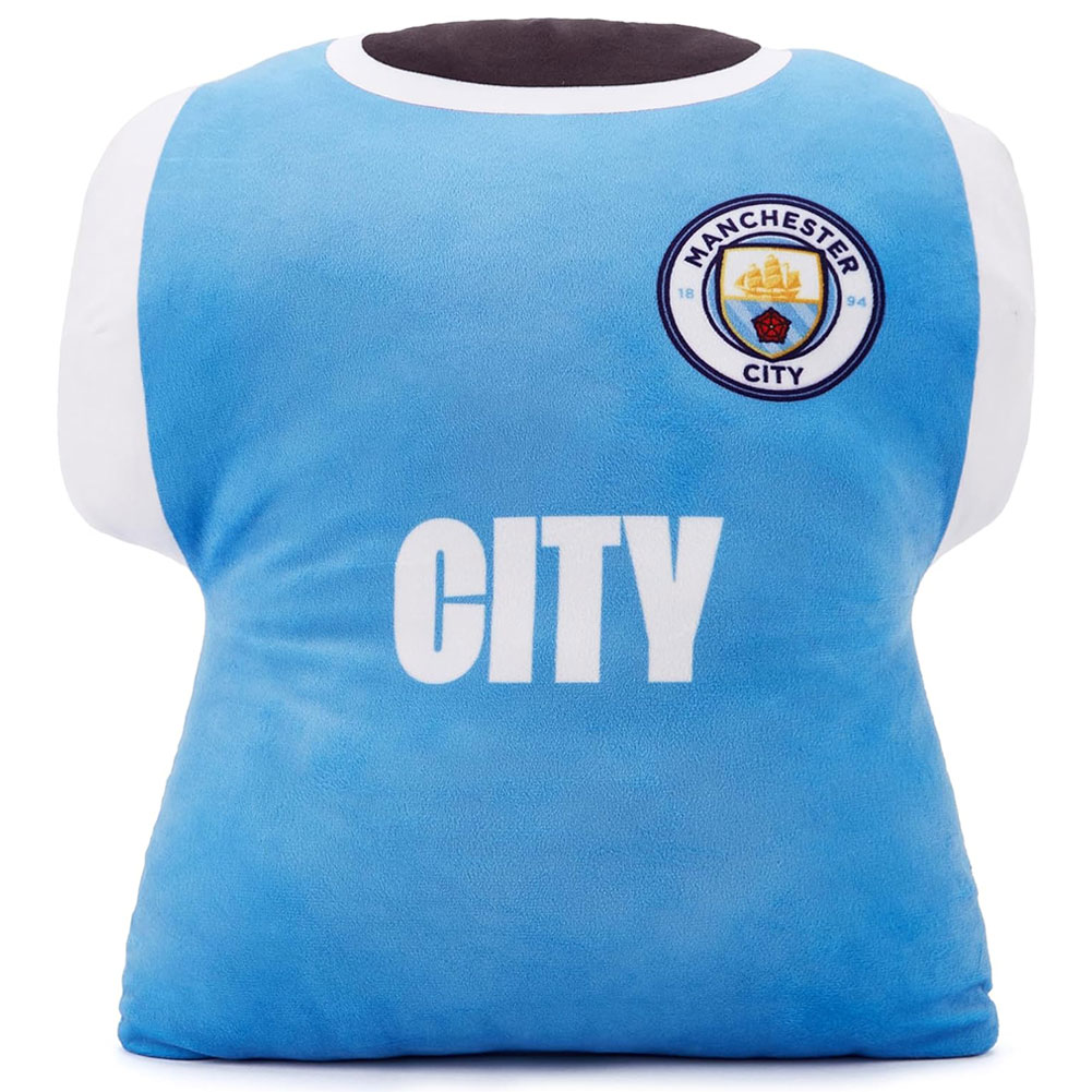 Manchester City FC shirt shaped cushion featuring the Man City crest and City text