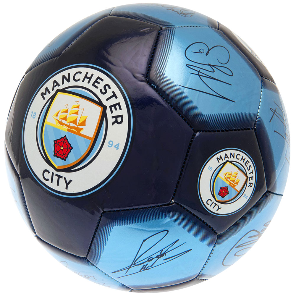 Manchester City FC blue and navy football with the City crest and official player signature prints