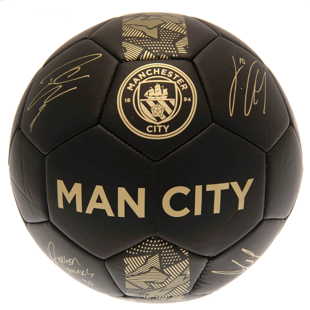 Manchester City FC matte black football with a gold printed City crest and player signature prints