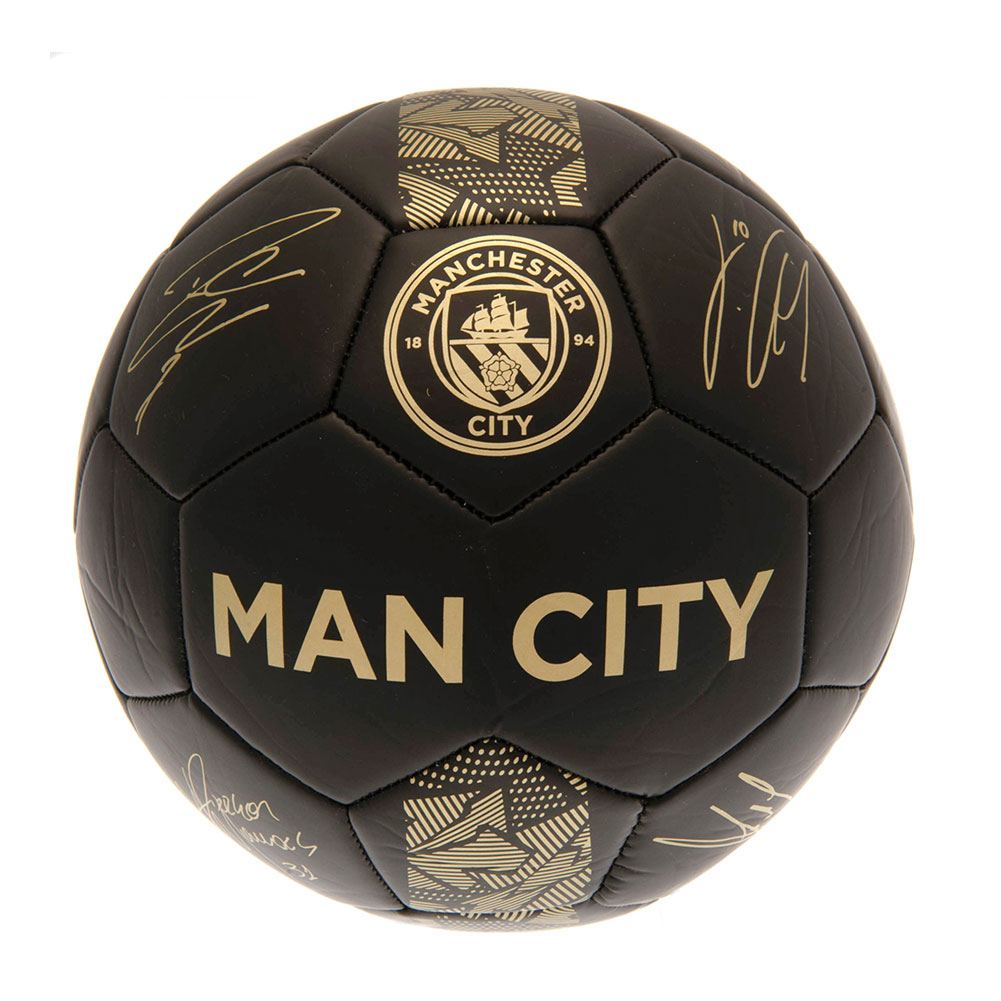 Manchester City FC matte black phantom skill ball with gold design detail, club crest and player signature prints