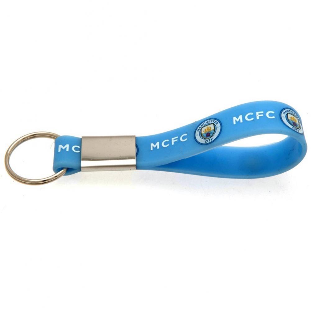 Manchester City FC sky blue silicone strap keyring with a full colour crest and MCFC text
