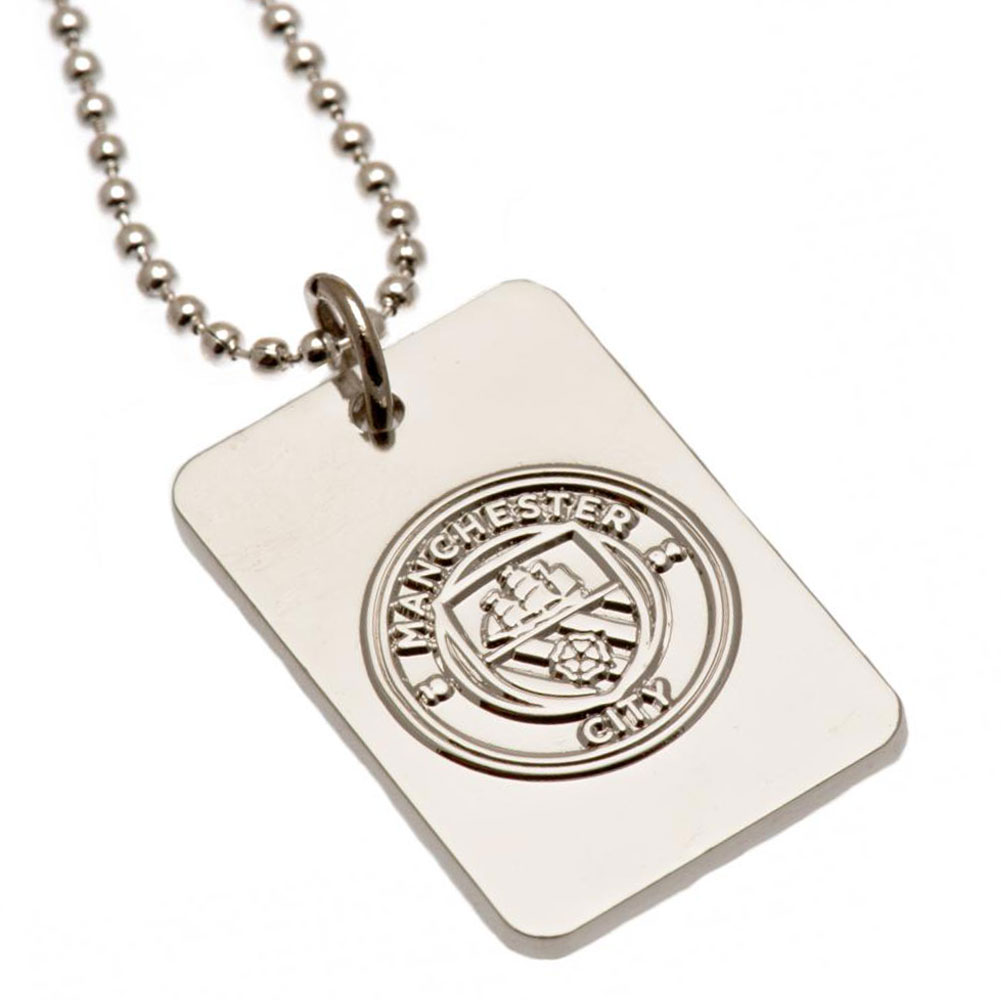 Manchester City FC silver plated dog tag with an embossed club crest on a chrome finish and ball chain