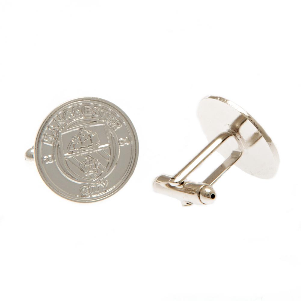 Pair of Manchester City FC silver plated chrome crest shaped cufflinks with a formed City crest