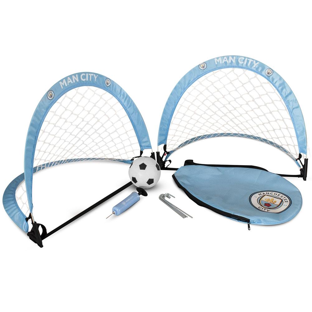 Manchester City FC skill goal set with two sky blue foldable goals, a football, hand pump and carry bag