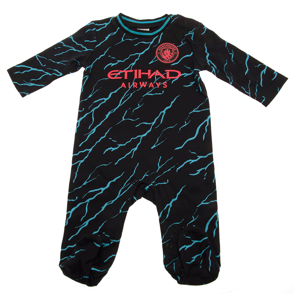 Manchester City FC sky blue long sleeved baby sleepsuit with a printed crest and sponsor, 6-9 months