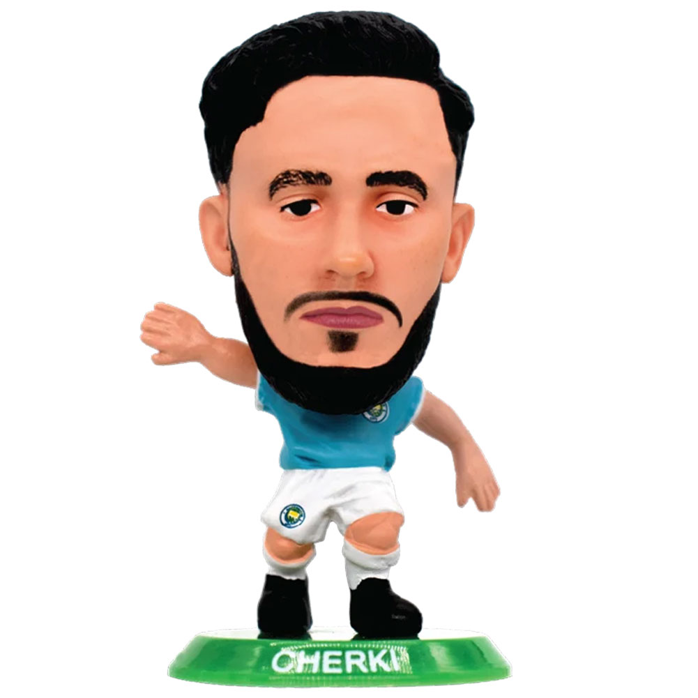 Rayanj Cherki SoccerStarz figure in the classic Man City home kit on a green base