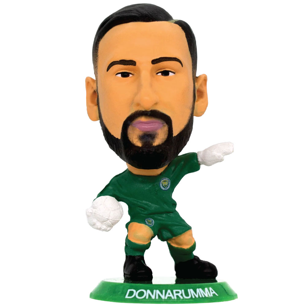 Gianluigi Donnarumma SoccerStarz figure in the Man City goalkeepers home kit on a green base