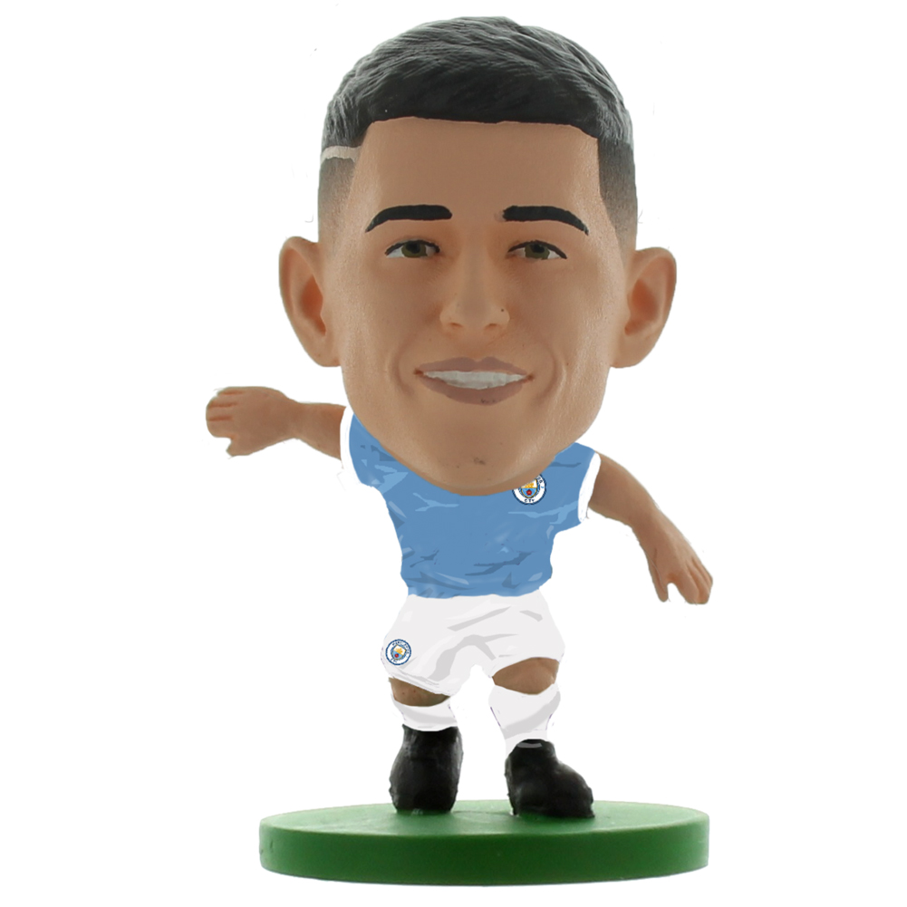 Foden SoccerStarz figure in the classic Man City home kit on a green base