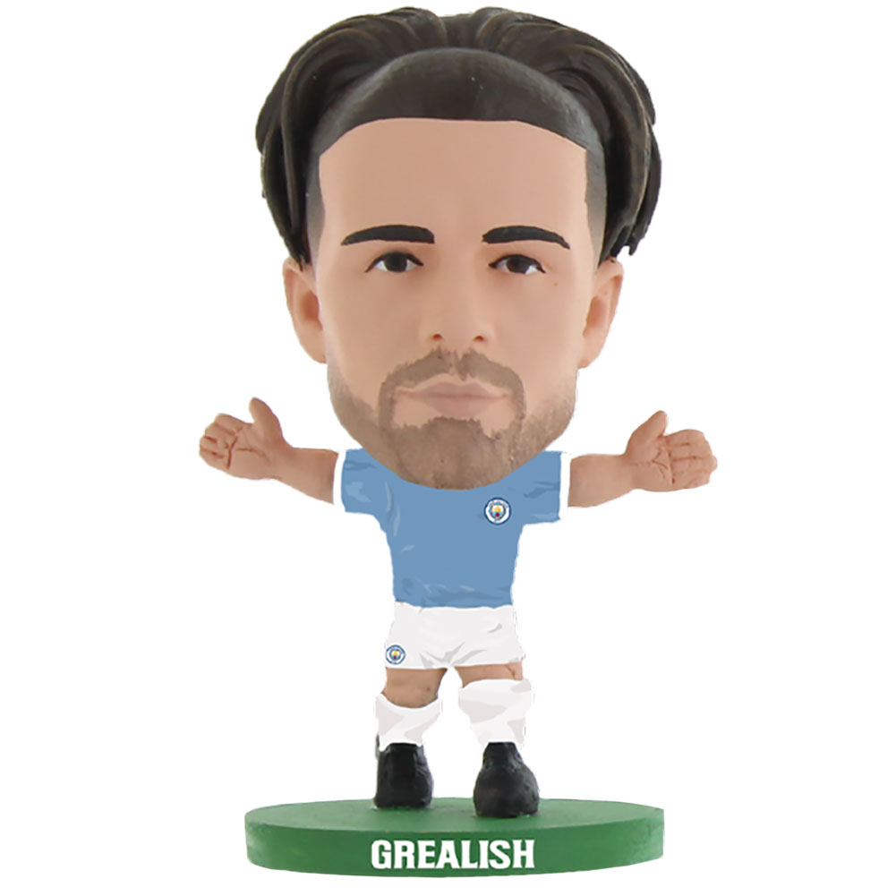 Grealish SoccerStarz figure in the classic Man City home kit on a green base