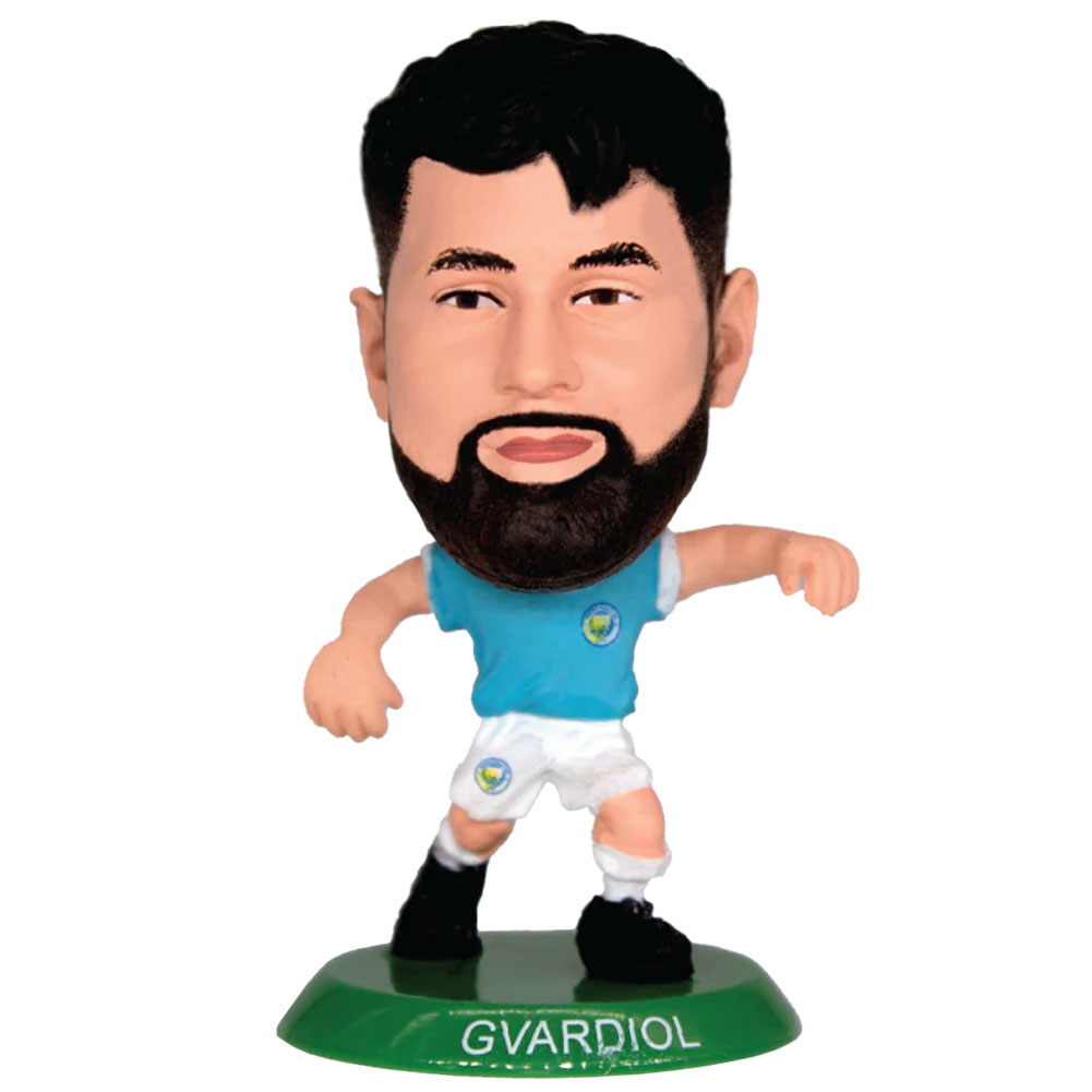 Gvardiol SoccerStarz figure in the classic Man City home kit on a green base