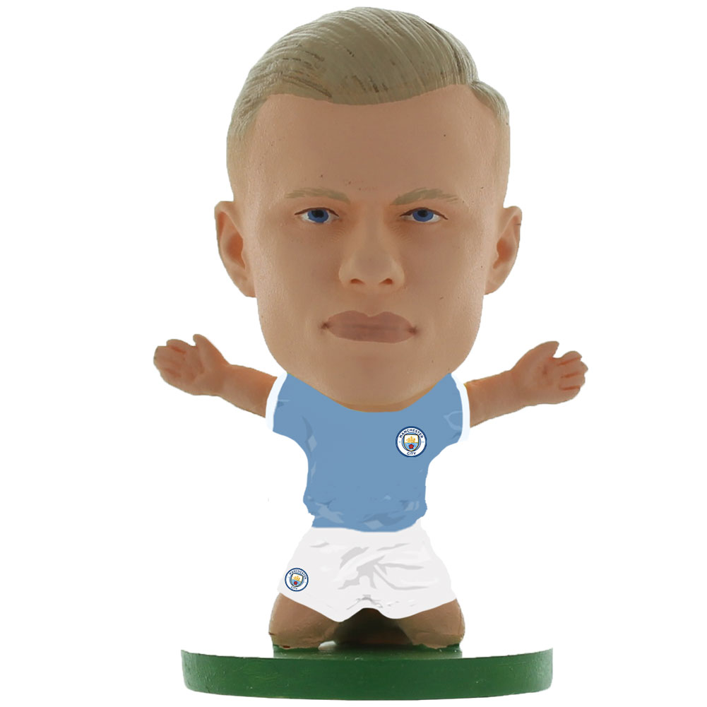 Haaland SoccerStarz figure in the classic Man City home kit on a green base