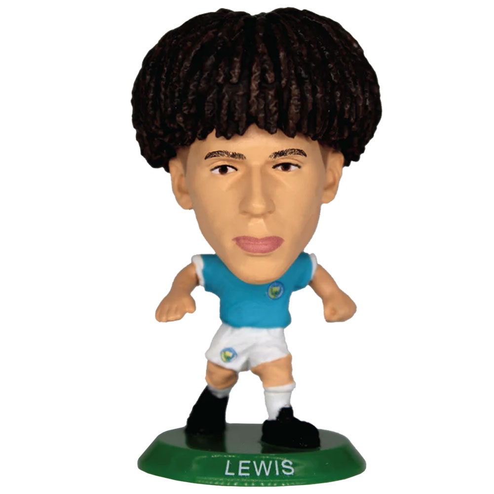 Lewis SoccerStarz figure in the classic Man City home kit on a green base