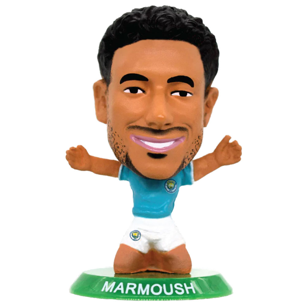 Marmoush SoccerStarz figure in the classic Man City home kit on a green base