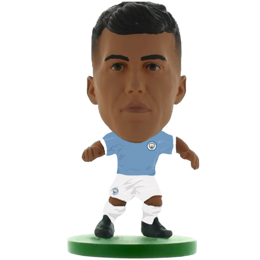 Manchester City SoccerStarz Rodri collectable figure in the classic City home kit on a green base