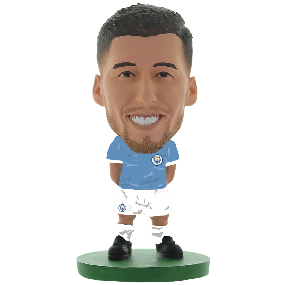 Manchester City SoccerStarz Ruben Dias collectable figure in the classic City home kit on a green base