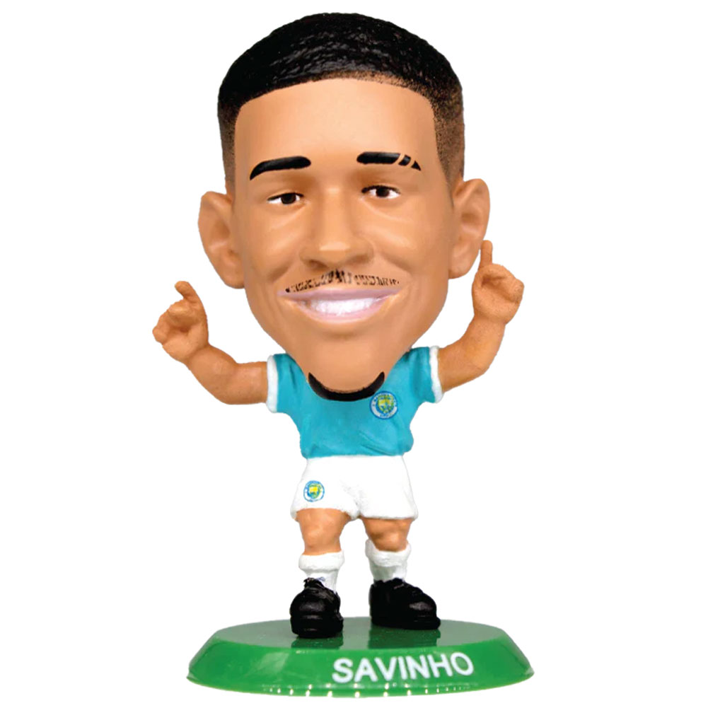 Manchester City SoccerStarz Savinho collectable figure in the classic Man City home kit on a green base