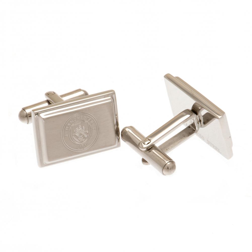 Pair of Manchester City FC stainless steel brushed satin rectangular cufflinks engraved with the City crest