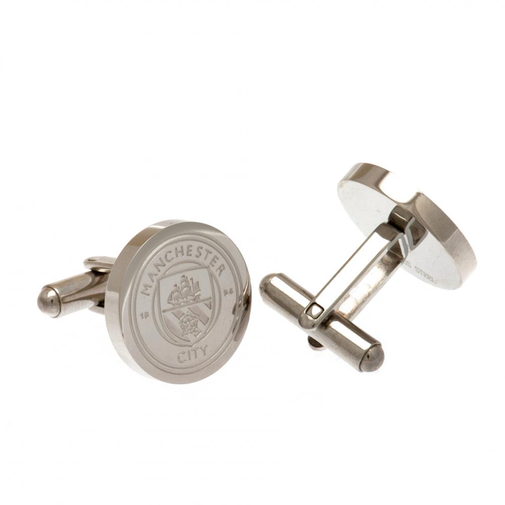 Pair of Manchester City FC stainless steel chrome crest shaped cufflinks with a formed City crest