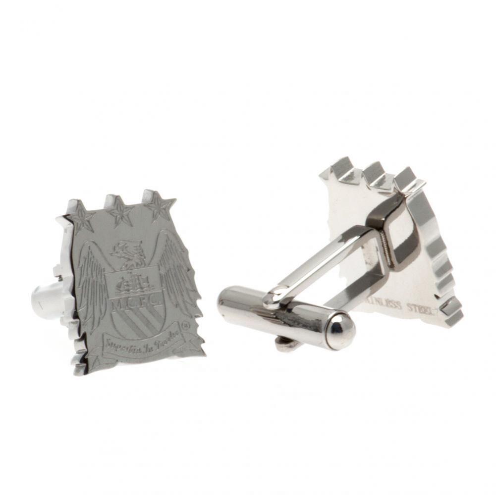 Pair of Manchester City FC stainless steel chrome crest shaped cufflinks with a formed retro City crest