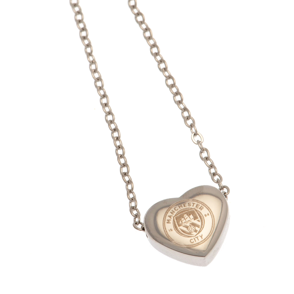 Manchester City FC stainless steel heart necklace with the Man City crest engraved on a chrome finish pendant