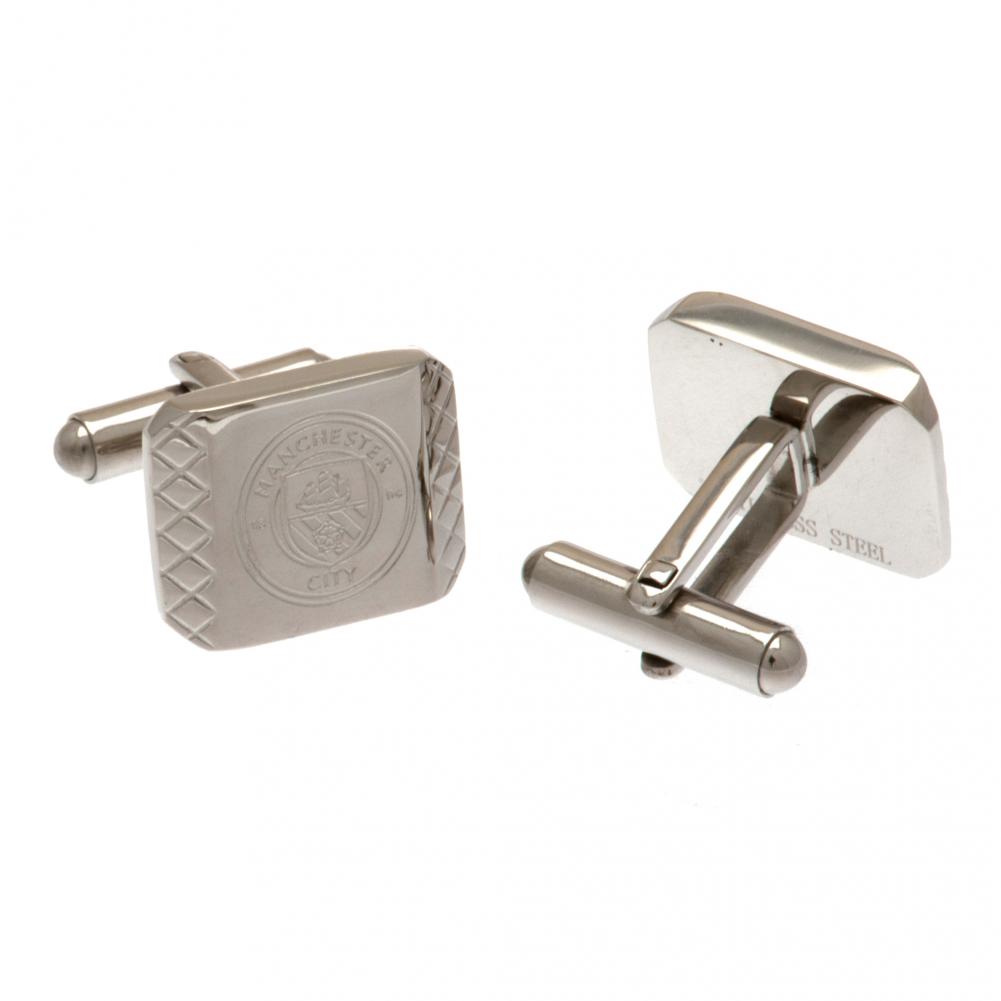 Pair of Manchester City FC stainless steel brushed satin rectangular cufflinks with a crest and grid pattern
