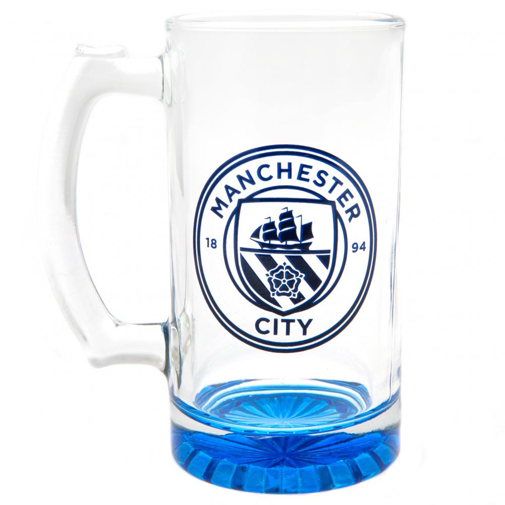 Manchester City FC glass stein tankard with a blue base and the club crest