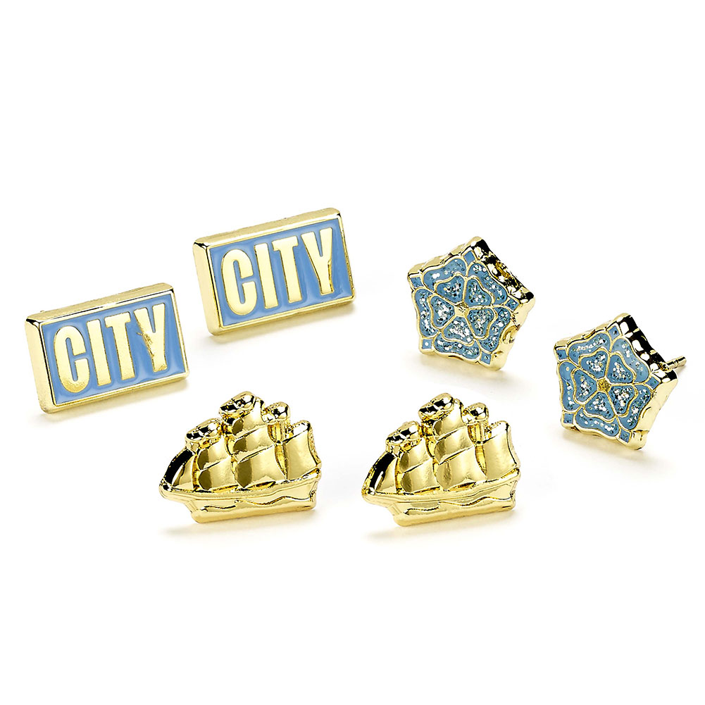 Manchester City FC set of three gold finish stud earrings in a display packet