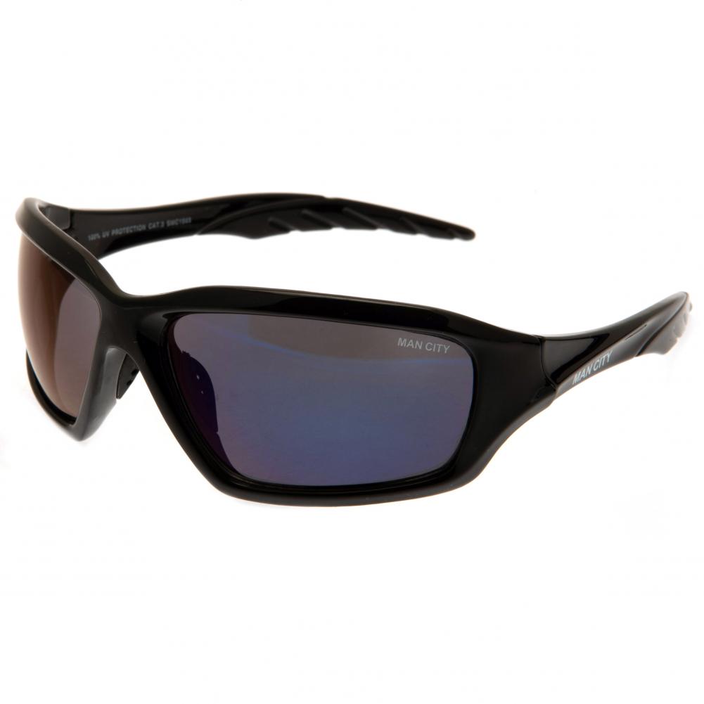 Manchester City FC black adult wrap style sunglasses with a black cloth bag bearing the club crest