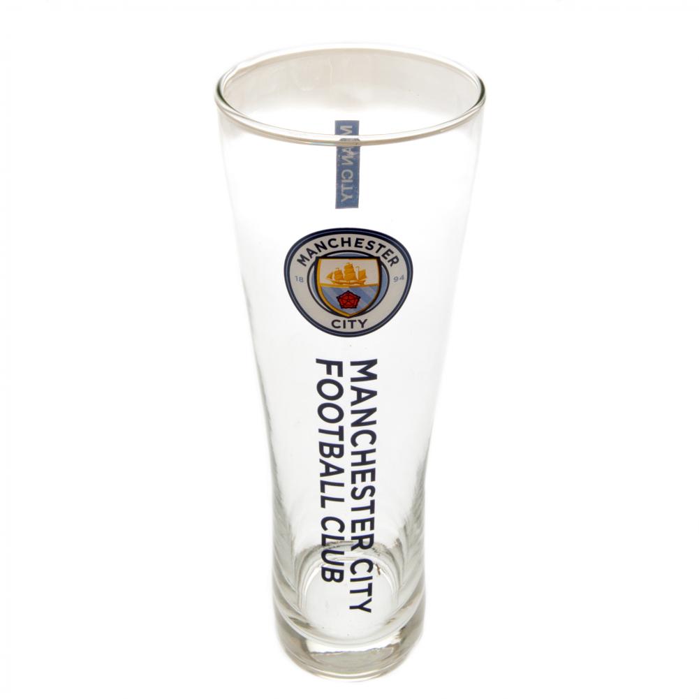 Manchester City FC tall slim pilsner style pint glass with navy text and a full colour club crest