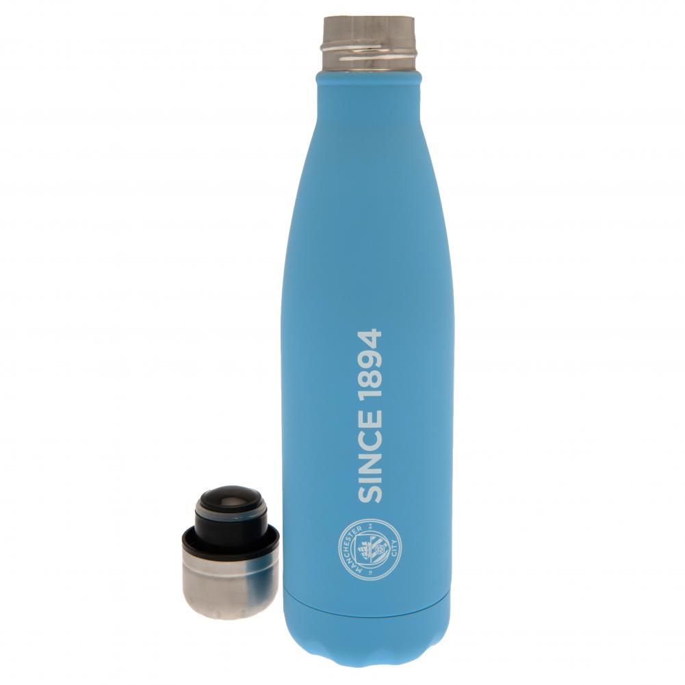 Sky blue matt finish Manchester City FC stainless steel thermal flask with a white crest and established text
