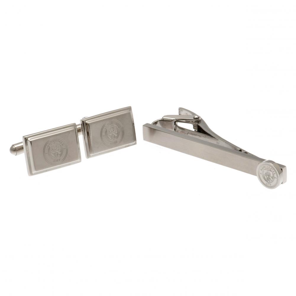 Manchester City FC stainless steel tie slide and satin finish cufflinks set with the City crest