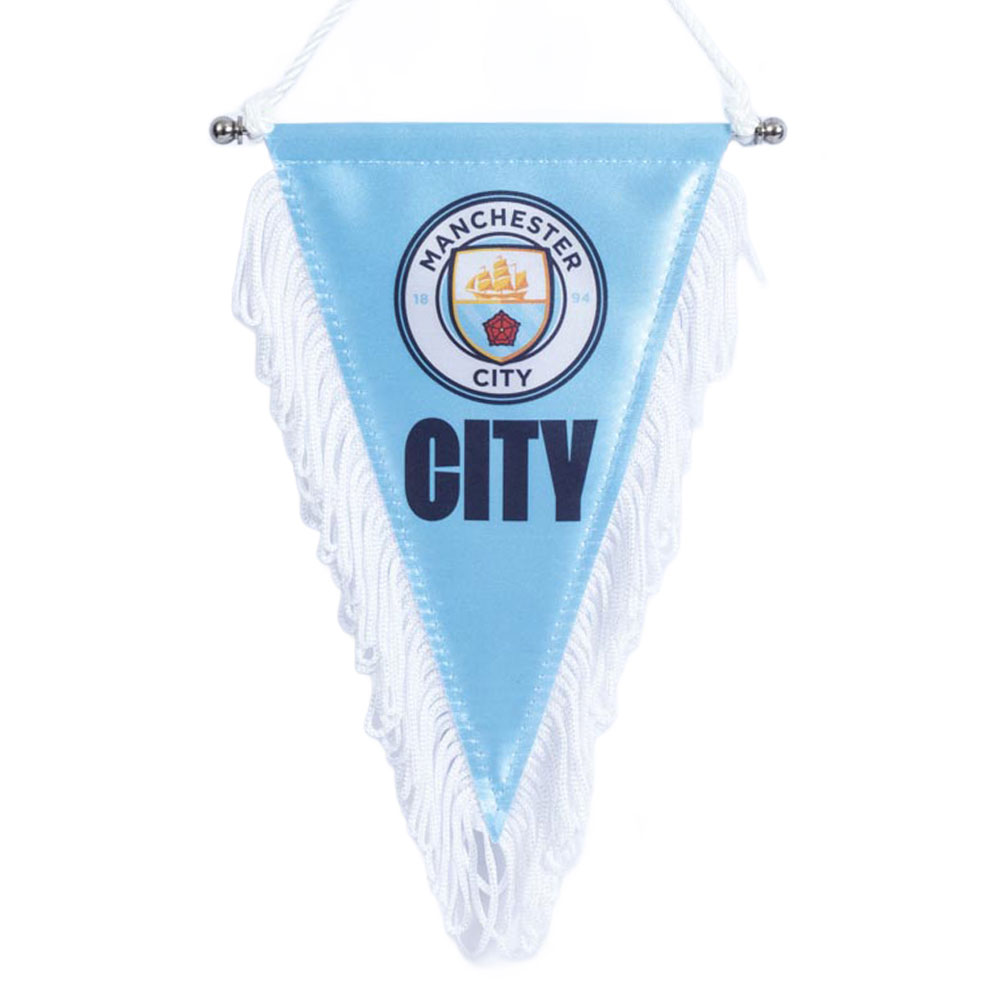 Manchester City satin look triangular mini pennant with a full colour crest and CITY text on sky blue