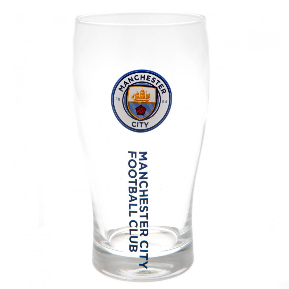 Manchester City FC tulip style pint glass with navy Manchester City text and a full colour club crest