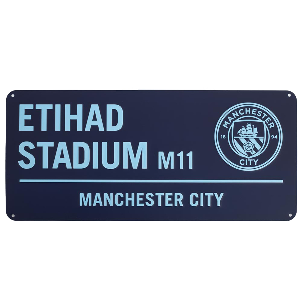 Manchester City FC Etihad Stadium road sign in gloss stamped metal on a blue background